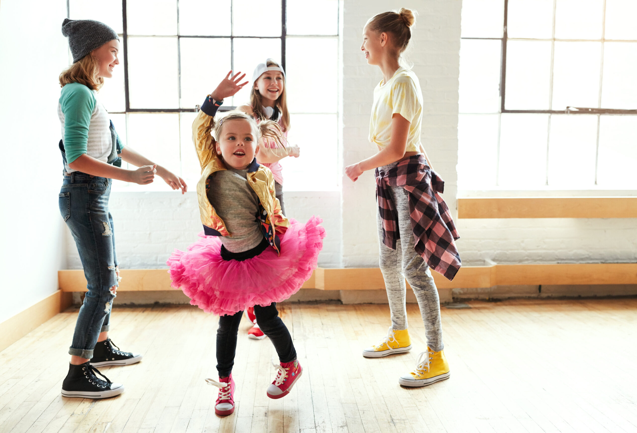 playing friends happy kids dancing with girl studio rhythm creative performance rehearsal smile fun routine children hip hop crew practice learning teaching group scaled